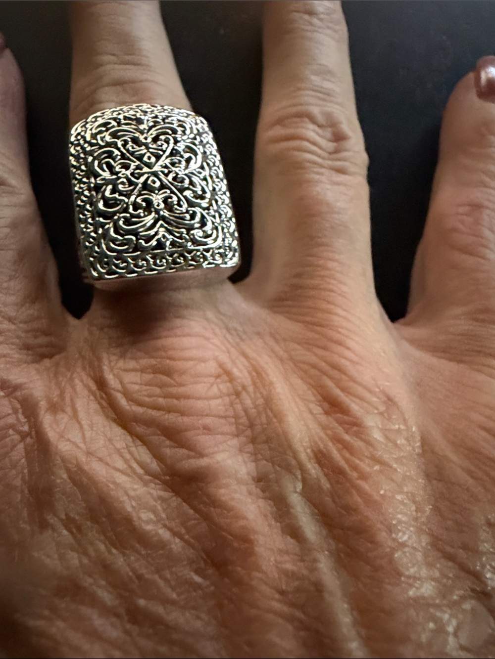 Ornate Silver-Tone Filigree Statement Ring - Women's Fashion